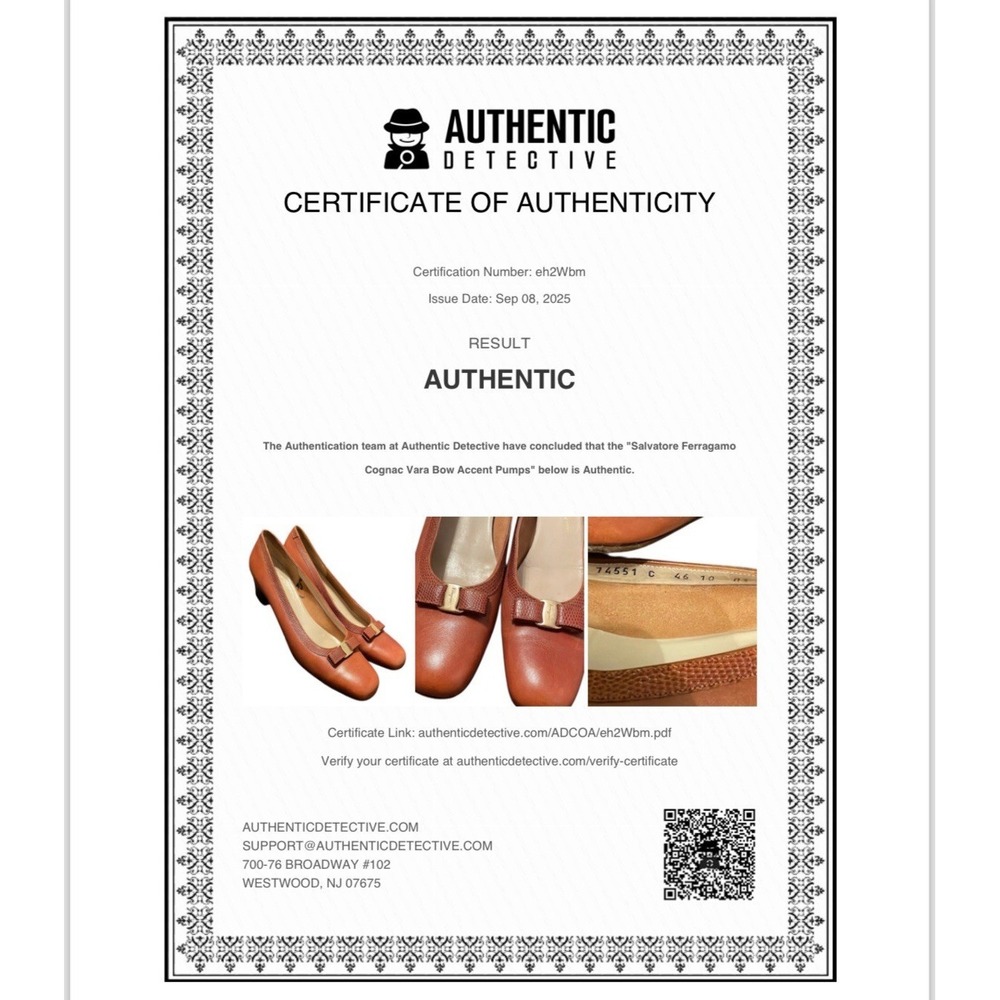 Salvatore Ferragamo Women's Cognac Brown Bow Accent Block Ballet Pumps Size 10 - Picture 9 of 9